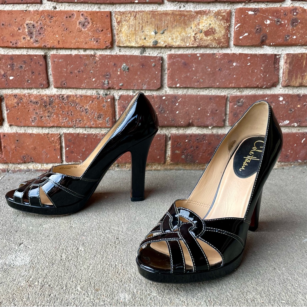 Cole Haan Black Patent Leather Platform Peep Toe Heels Size 9 B Career Shoes